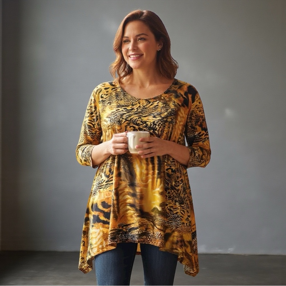 A Touch of Class Gold Animal Print Rhinestone Embellished Top 1X Asymmetric